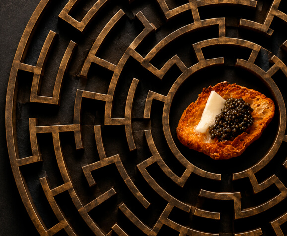 Caviar online buying guide banner with caviar dish in a maze