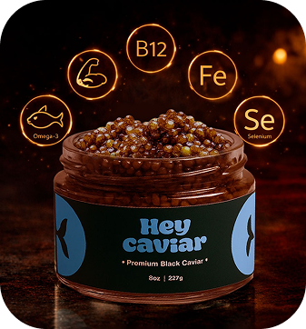 Hey Caviar jar with nutrient icons for what to look for before ordering caviar online