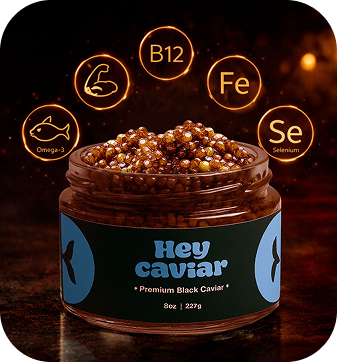 Hey Caviar jar with nutrient icons for what to look for before ordering caviar online